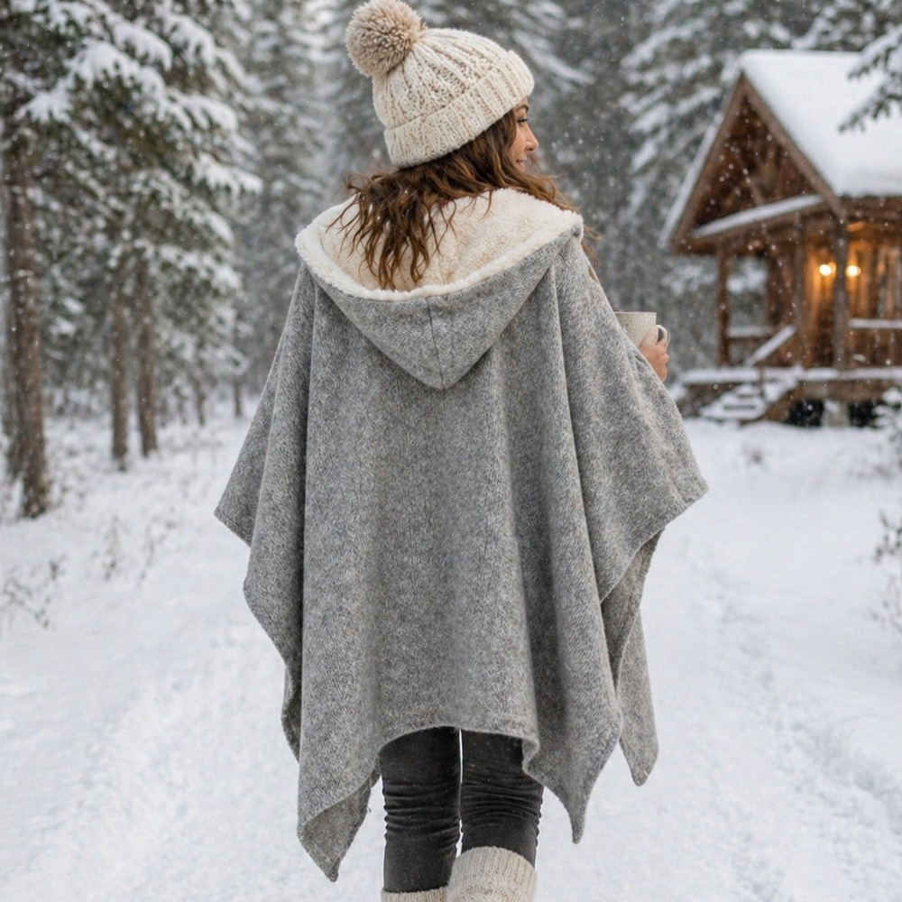 Steve Madden OSFM Grey Knit Hooded Poncho Wrap Faux‎ Fur Trim Pockets One Size